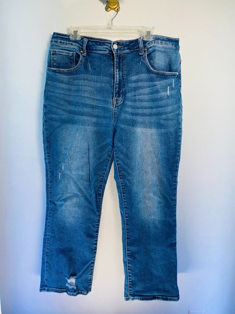 Risen Jeans Distressed High-Waisted Blue Denim Straight-Leg Womens Jeans 2XL